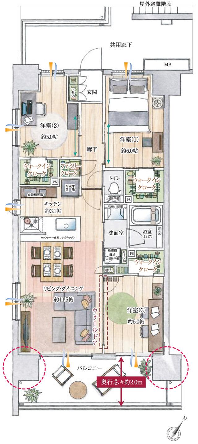 サンクレイドル小田急相模原の間取り図　A：3LDK+3WIC+FC