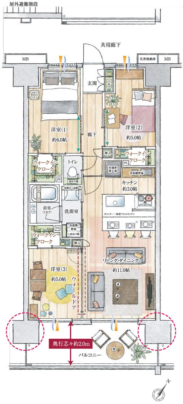 サンクレイドル小田急相模原の間取り図　B：3LDK+3WIC