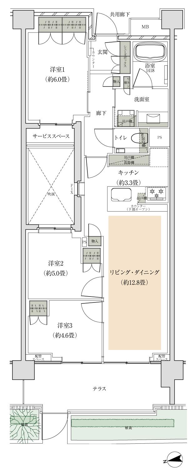 ザ・パークハウス 新宿富久町の間取り図　70Bt：3LDK