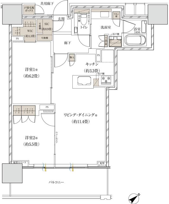 ザ・パークハウス 赤羽台タワー＆レジデンスの間取り図　T60A：2LDK+WIC+SIC