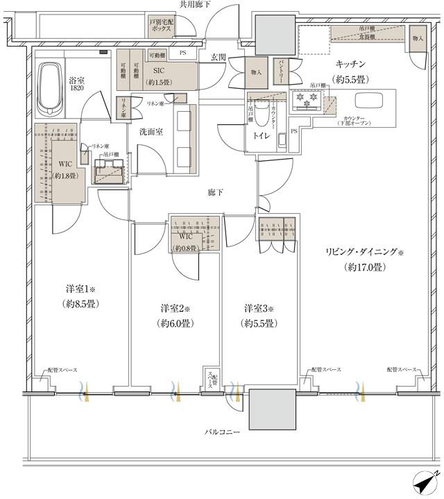 ザ・パークハウス 赤羽台タワー＆レジデンスの間取り図　T100A：3LDK+2WIC+SIC