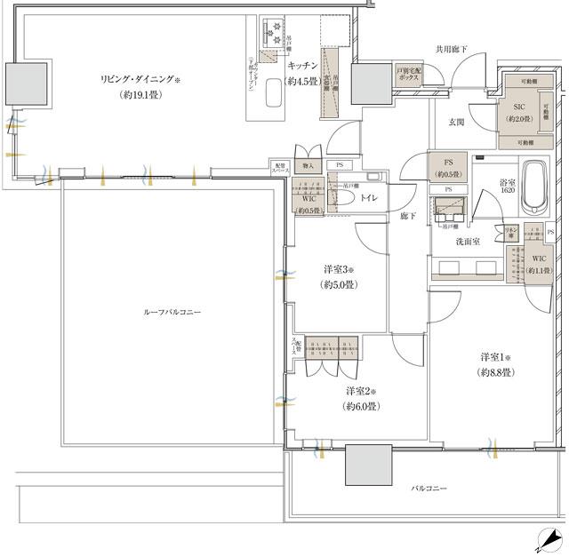 ザ・パークハウス 赤羽台タワー＆レジデンスの間取り図　T100Br：3LDK+2WIC+SIC+FS