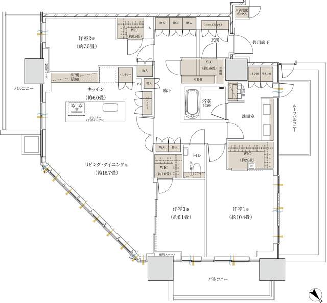 ザ・パークハウス 赤羽台タワー＆レジデンスの間取り図　T120Ar：3LDK+3WIC+SIC
