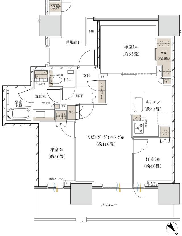 ザ・パークハウス 赤羽台タワー＆レジデンスの間取り図　T65C：3LDK+WIC