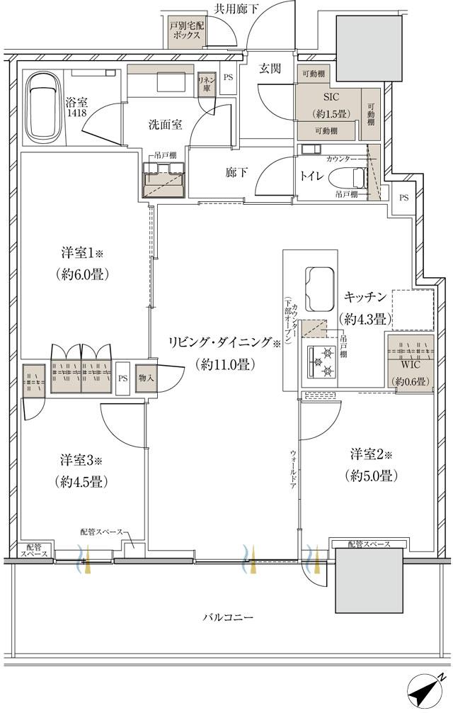 ザ・パークハウス 赤羽台タワー＆レジデンスの間取り図　T65D：3LDK+WIC+SIC