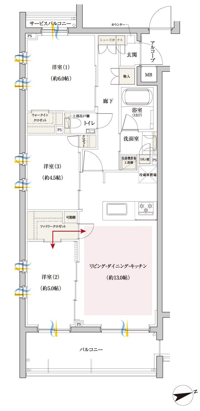 ファインスクェア調布つつじヶ丘の間取り図　G：3LDK+FC+WIC