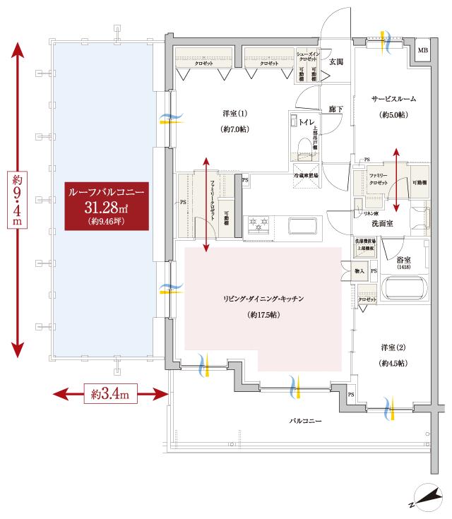 ファインスクェア調布つつじヶ丘の間取り図　Kr：2LDK+S+2FC+SIC
