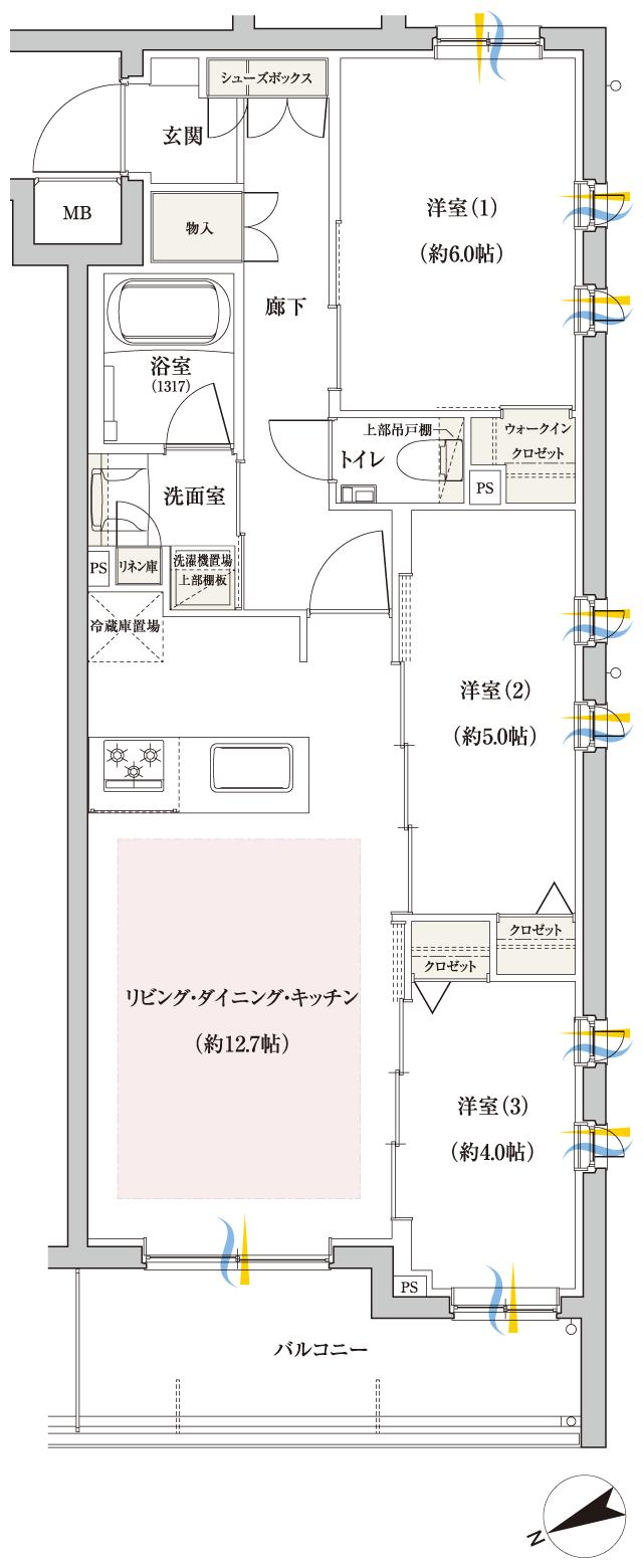 ファインスクェア調布つつじヶ丘の間取り図　D：3LDK+WIC