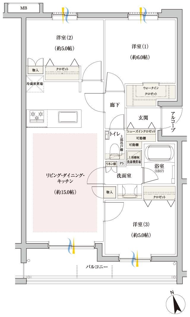 ファインスクェア調布つつじヶ丘の間取り図　F：3LDK+WIC+SIC
