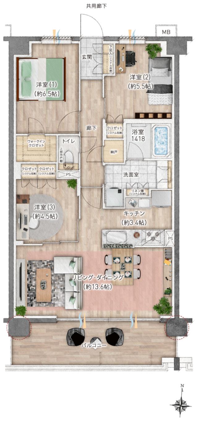 レーベン東川口 ZEFEELの間取り図　C：3LDK+WIC+N