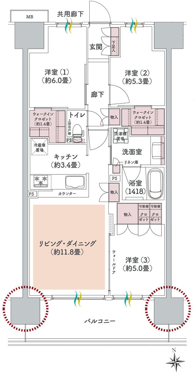 ウエリス八千代村上の間取り図　Ec1：3LDK+2WIC