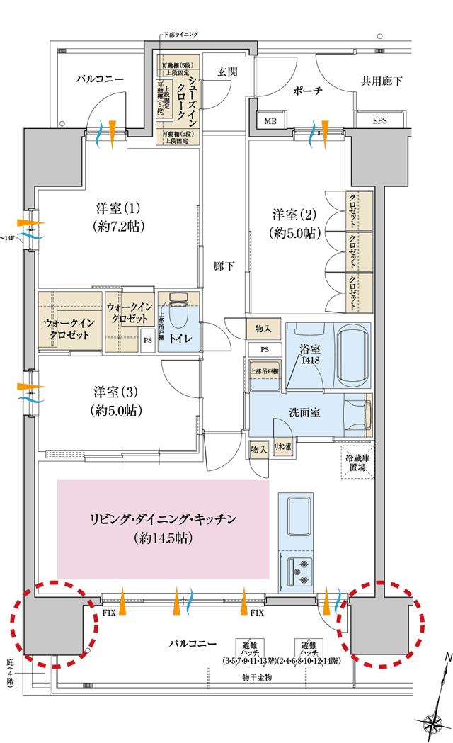 リナージュつくばみらいの間取り図　D：3LDK+2Wic+Sic