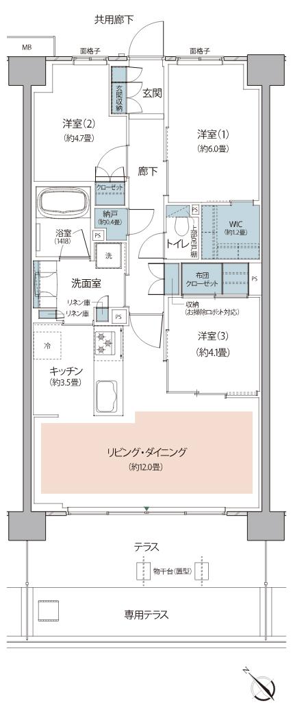 リーフィアレジデンス栗平テラスの間取り図　Ft：3LDK+WIC+N+F