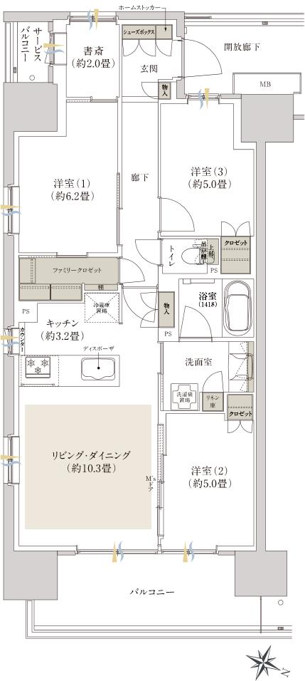 メイツ千葉 THE MIDの間取り図　E：3LDK+書斎+FC