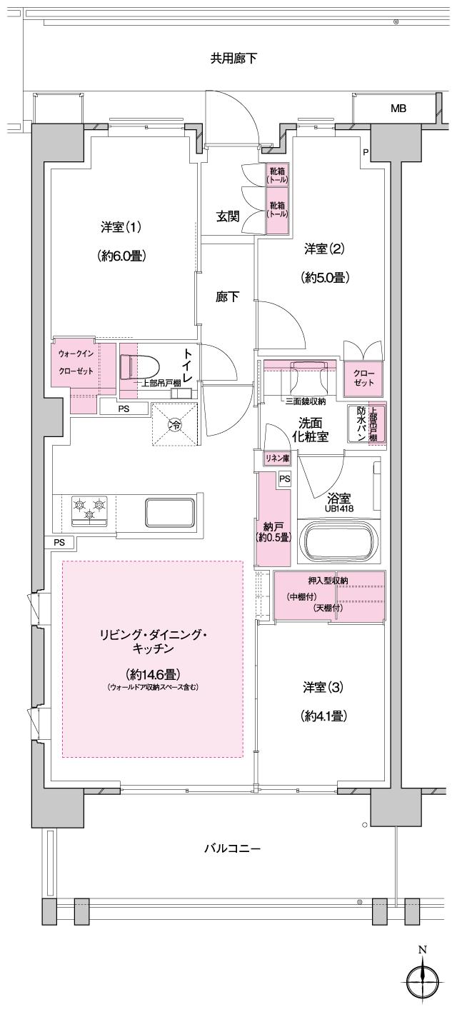 プラウドシティ方南町の間取り図　F-1：3LDK+N+WIC