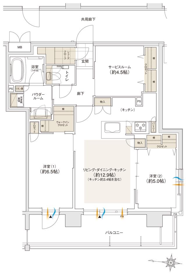 ユニハイム小岩の間取り図　B：2LDK+S+WIC+SC