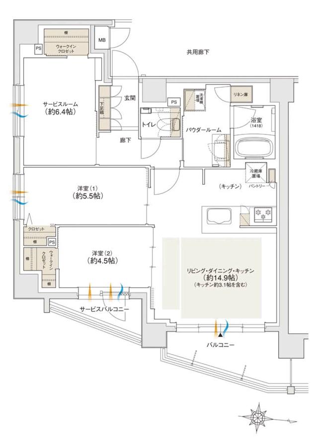 ユニハイム小岩の間取り図　E：2LDK+S+2WIC