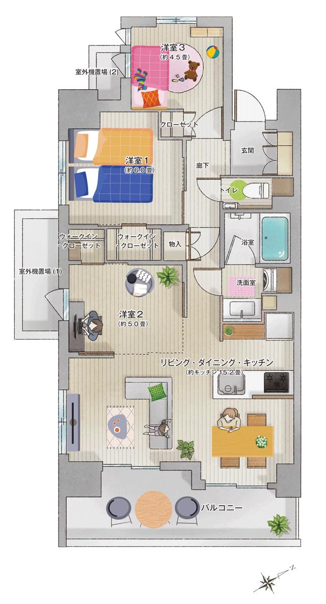 プレシス相模原レジデンスの間取り図　A：3LDK+2WIC