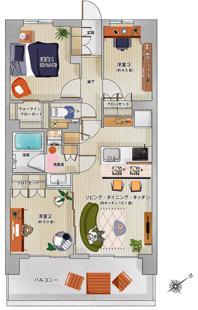 プレシス相模原レジデンスの間取り図　J：3LDK+WIC