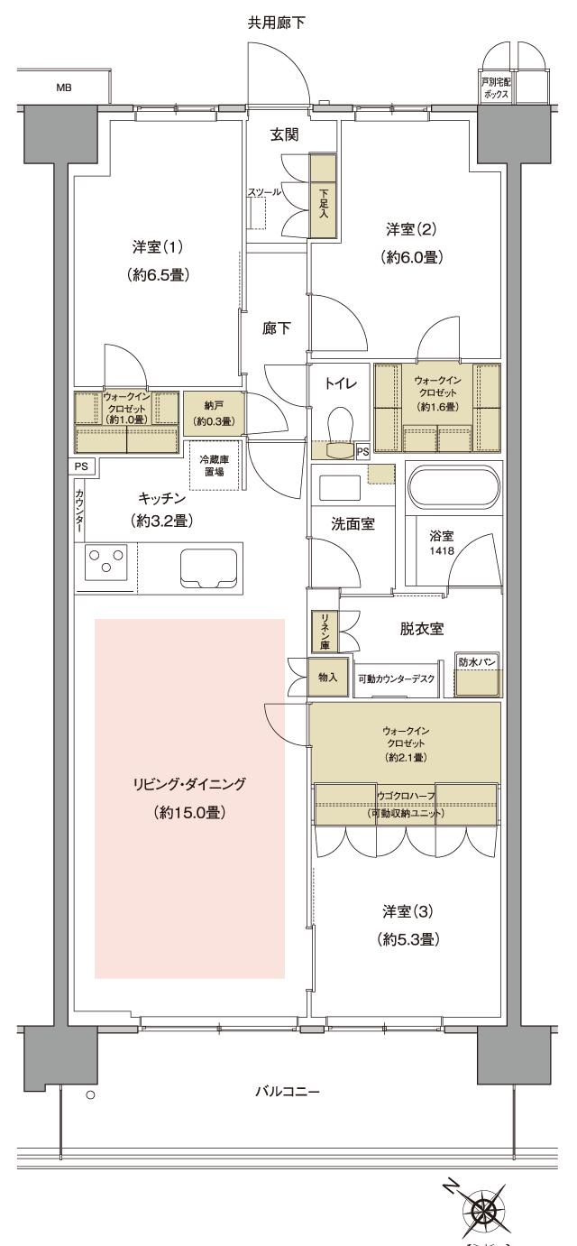 ルネ川口ユトリエの間取り図　F：3LDK+3WIC+N