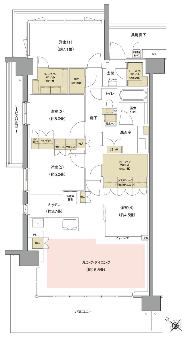 ルネ川口ユトリエの間取り図　A：4LDK+2WIC+SIC+N