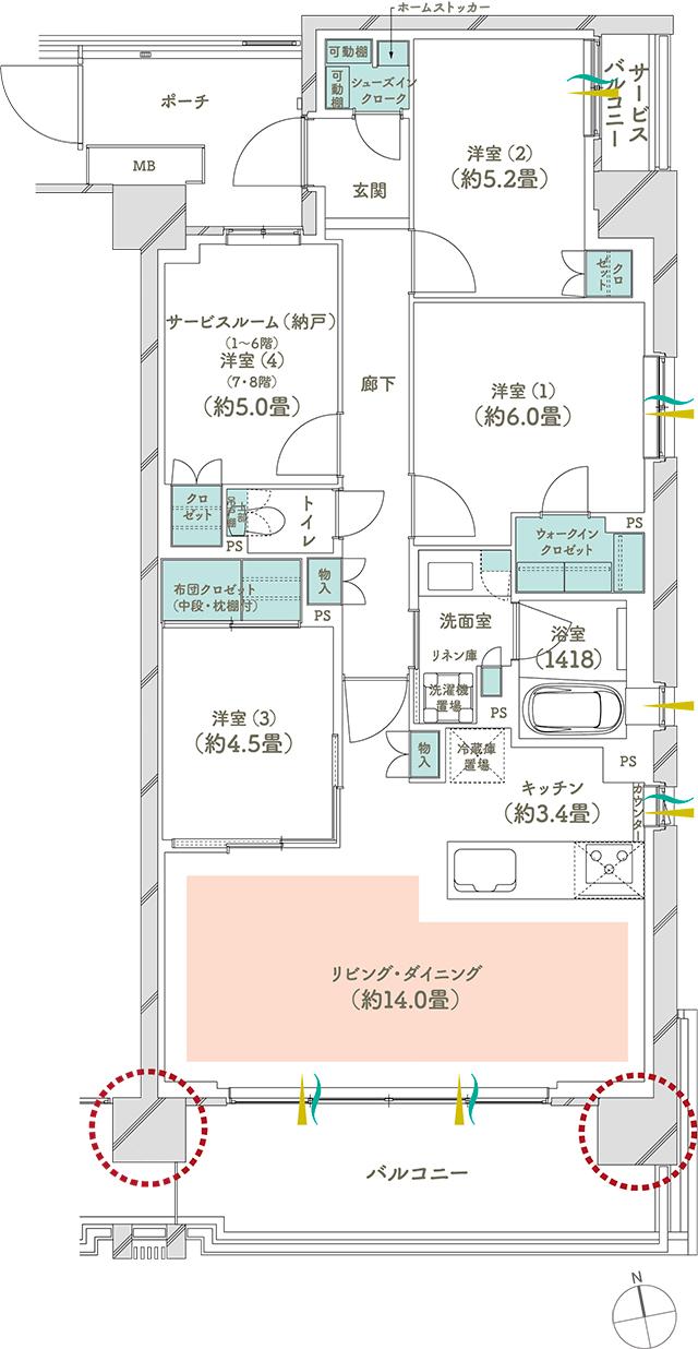 メイツ府中中河原の間取り図　A11(7・8F)：4LDK+SIC+WIC