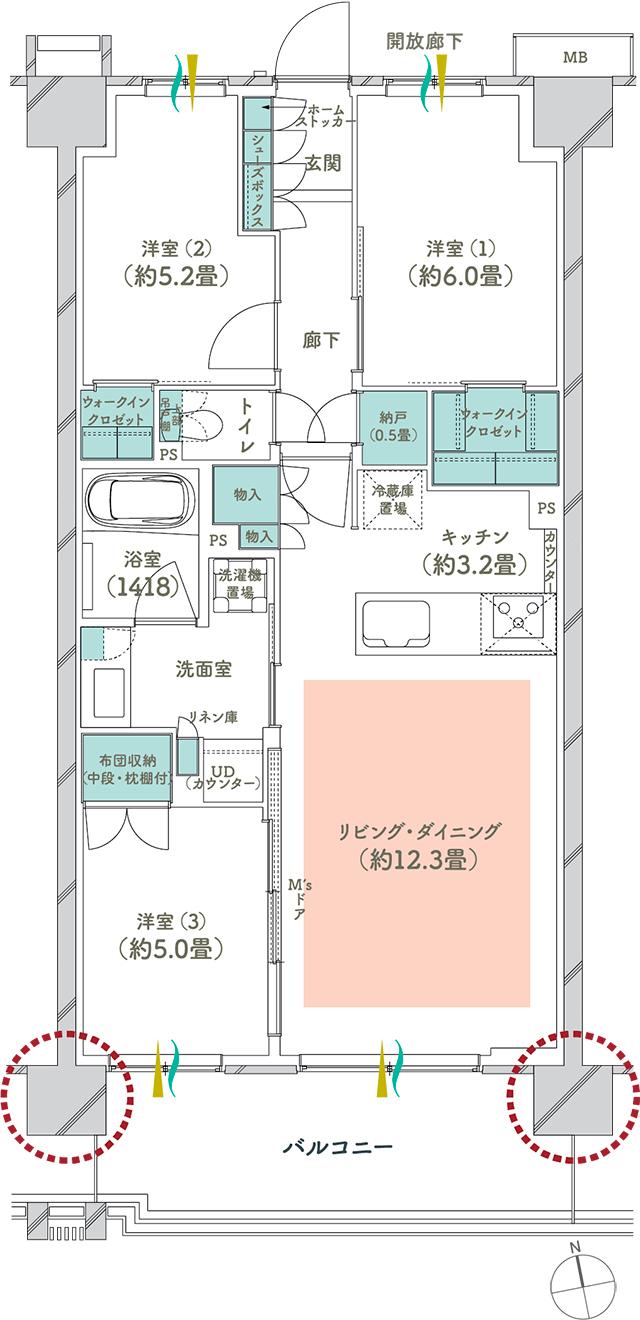 メイツ府中中河原の間取り図　A7：3LDK+N+2WIC