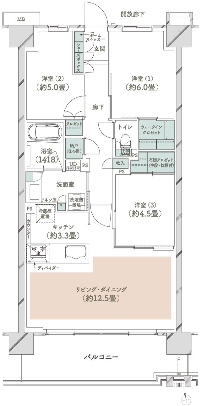 メイツ府中中河原の間取り図　A6：3LDK+N+WIC