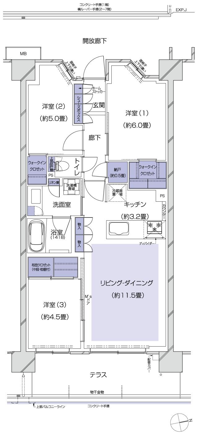 メイツ府中中河原の間取り図　B6t：3LDK+N+2WIC