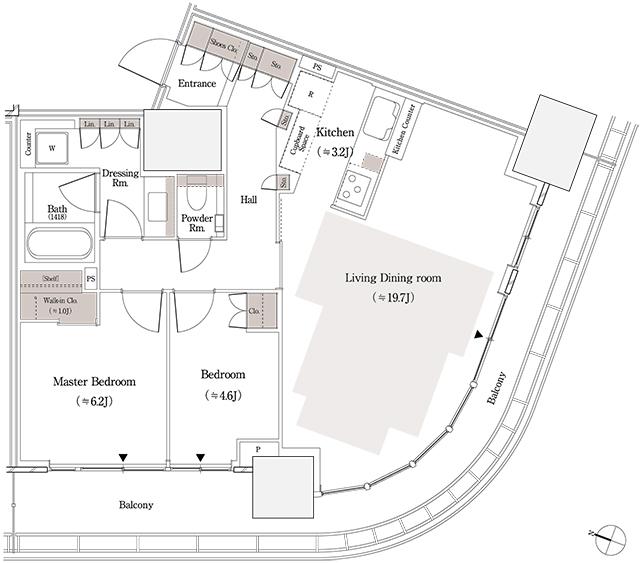 パークタワー品川天王洲の間取り図　77-Esw(menu)：2LDK+WIC