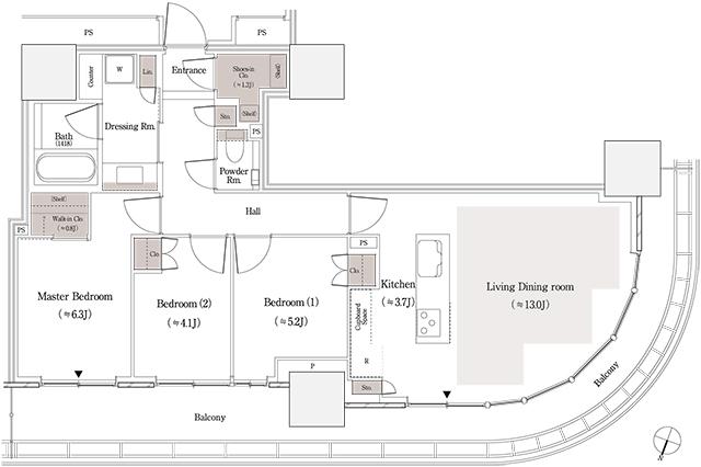 パークタワー品川天王洲の間取り図　78-Cnw：3LDK+WIC+SIC