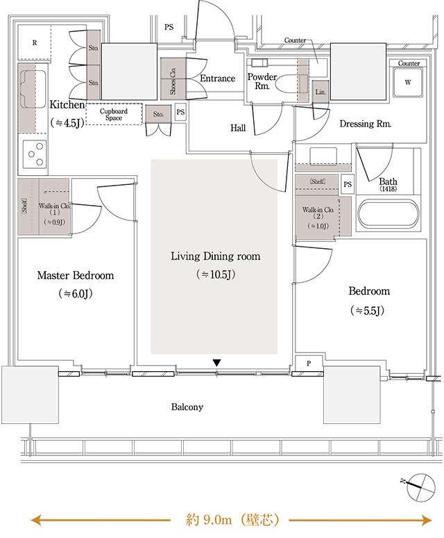 パークタワー品川天王洲の間取り図　65-Dw：2LDK+2WIC