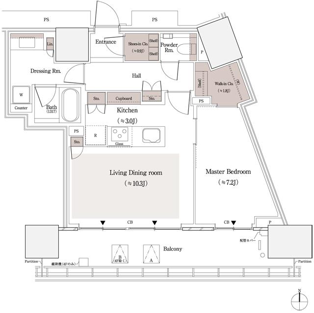 パークタワー品川天王洲の間取り図　58-Gs：1LDK+WIC+SIC
