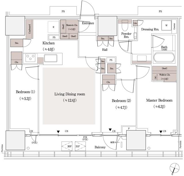 パークタワー品川天王洲の間取り図　80-Ln：3LDK+WIC+SIC