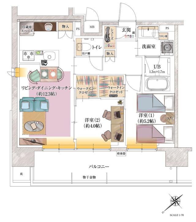 ポレスター千葉新宿の間取り図　A：2LDK+シューズクローク+ウォークインクロゼット×2