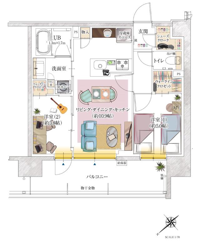 ポレスター千葉新宿の間取り図　B：2LDK+シューズクローク+ウォークインクロゼット×2