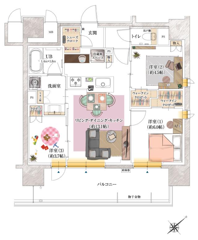 ポレスター千葉新宿の間取り図　D：3LDK+シューズクローク+ウォークインクロゼット×2