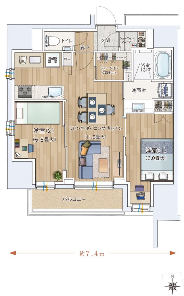 ルジェンテ上野稲荷町の間取り図　A：2LDK+WIC+SIC