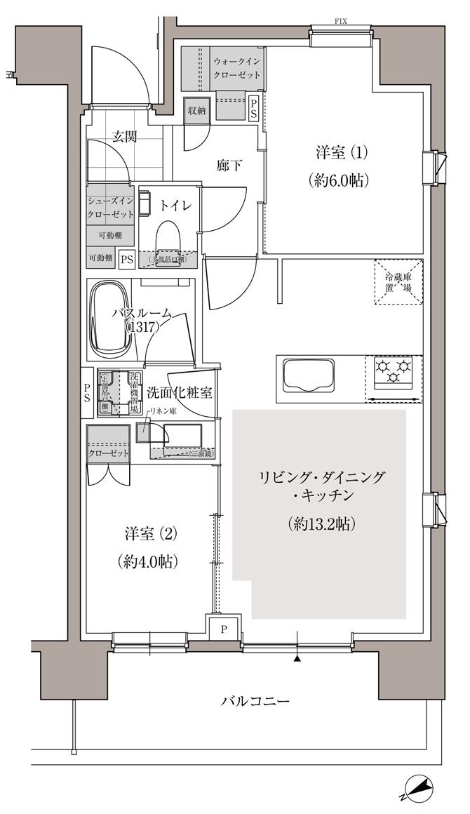 アトラス上野根岸の間取り図　A：2LDK+WIC+SIC
