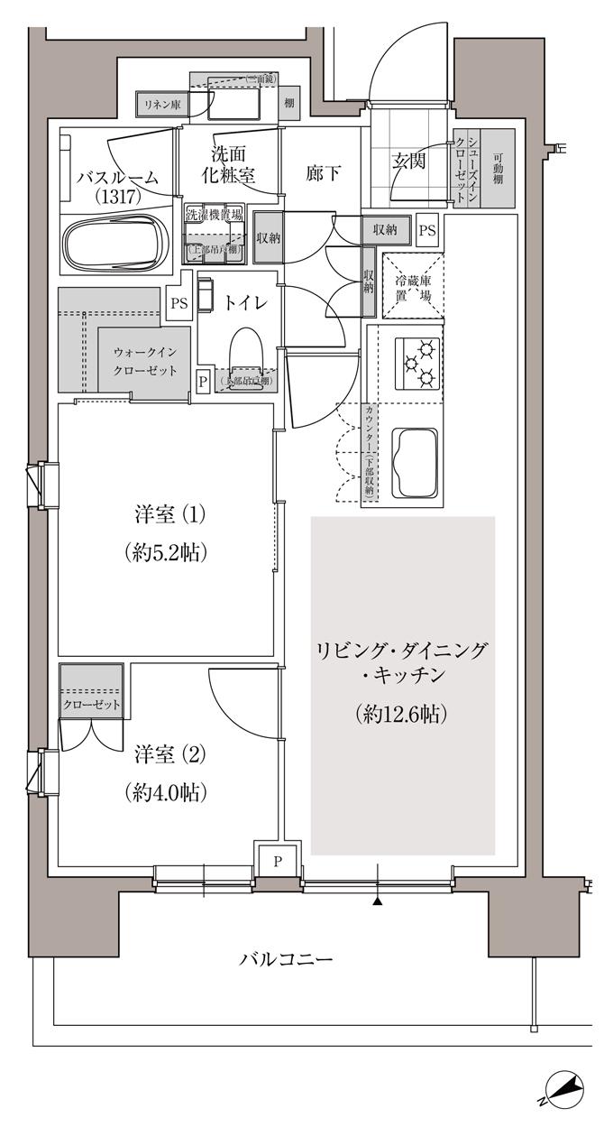 アトラス上野根岸の間取り図　B：2LDK+WIC+SIC