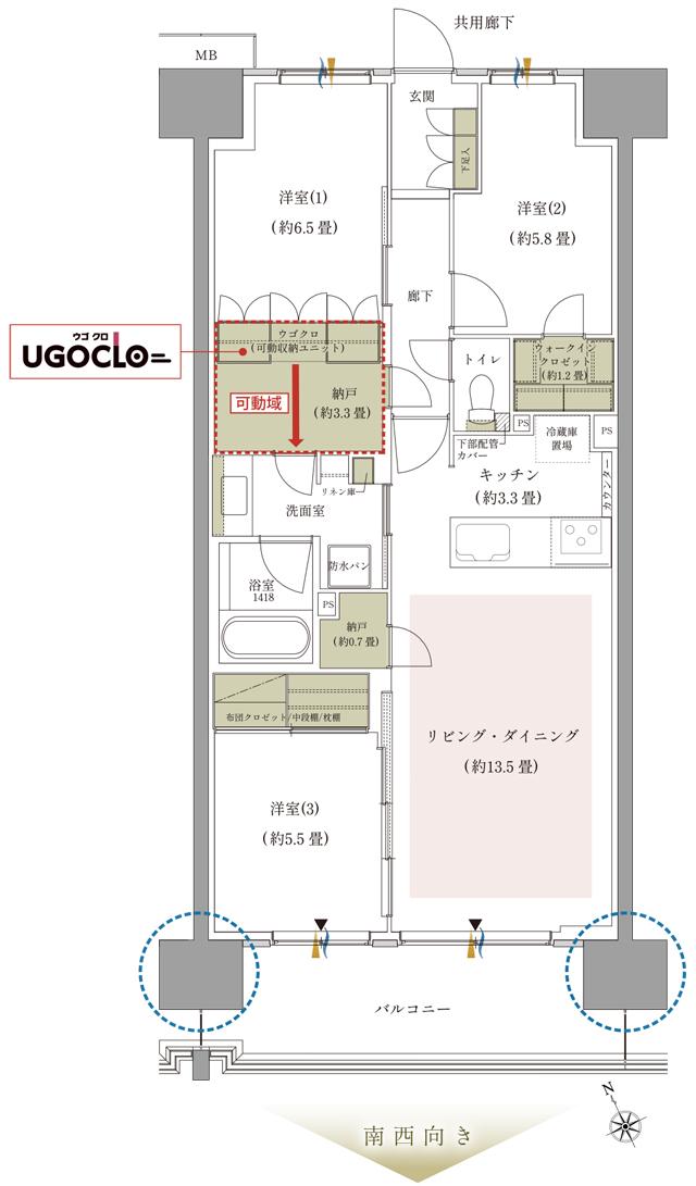 ルネ加須／ワンハンドレッド・レジデンスの間取り図　C：3LDK+UGOCLO+WIC+N