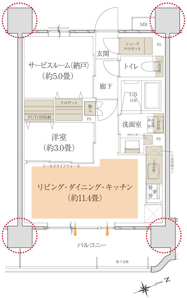 イニシア調布ステーションサイトの間取り図　E(2～9階)：1LDK+S+SC