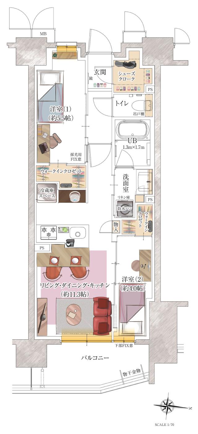 ポレスター千葉中央の間取り図　C：2LDK+シューズクローク+ウォークインクロゼット×2