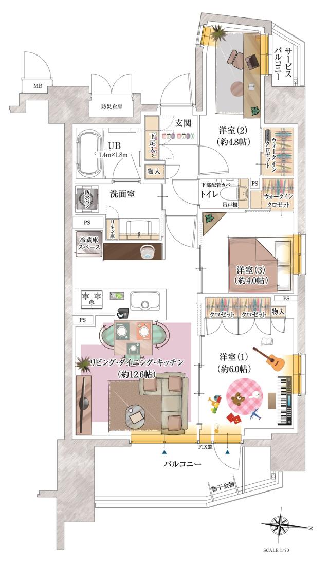 ポレスター千葉中央の間取り図　D：3LDK+ウォークインクロゼット×2