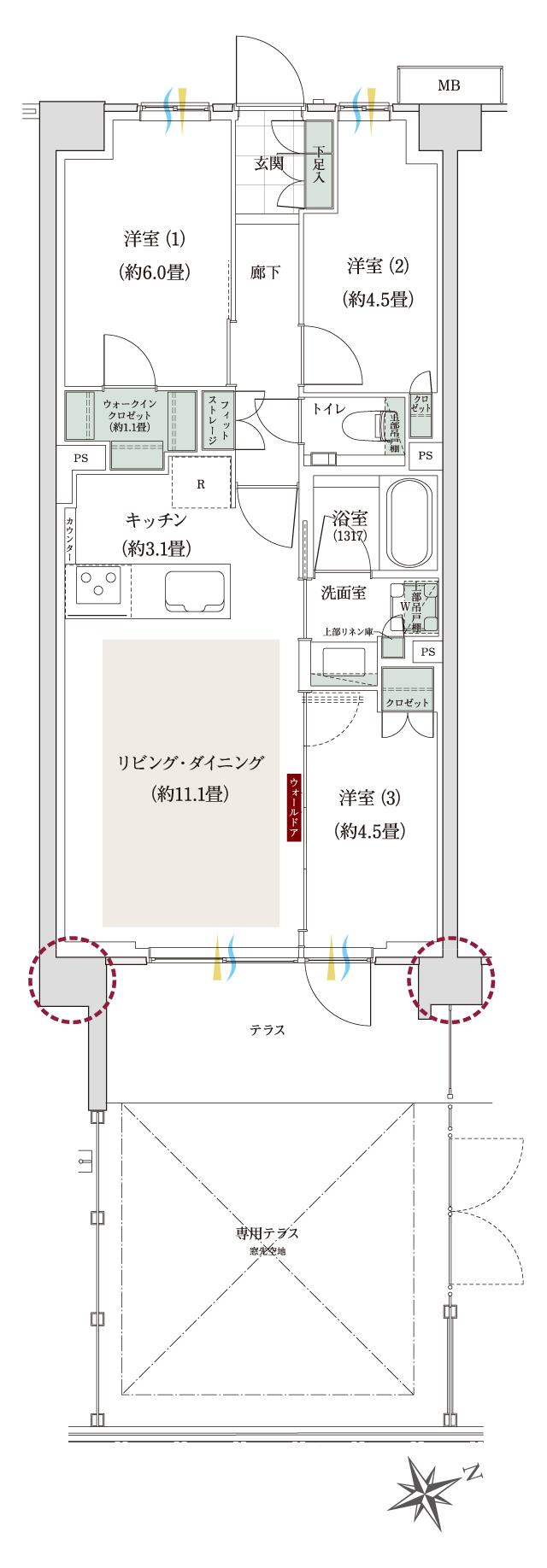ローレルコート立川錦町の間取り図　Ot：3LDK+WIC