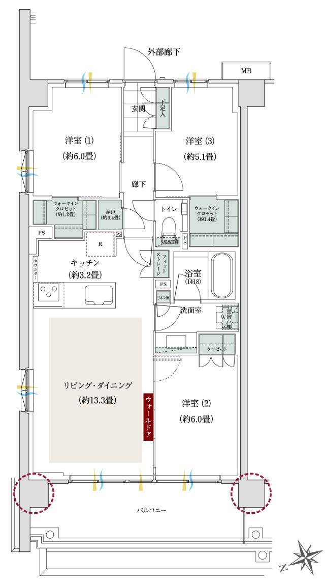 ローレルコート立川錦町の間取り図　A(2F)：3LDK+2WIC+N