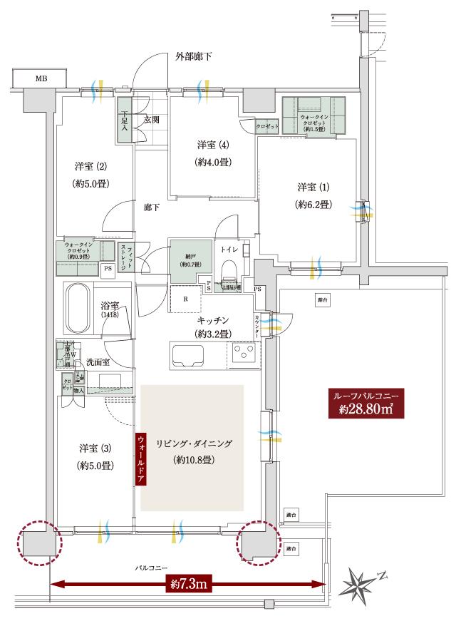 ローレルコート立川錦町の間取り図　Rr：4LDK+2WIC+N
