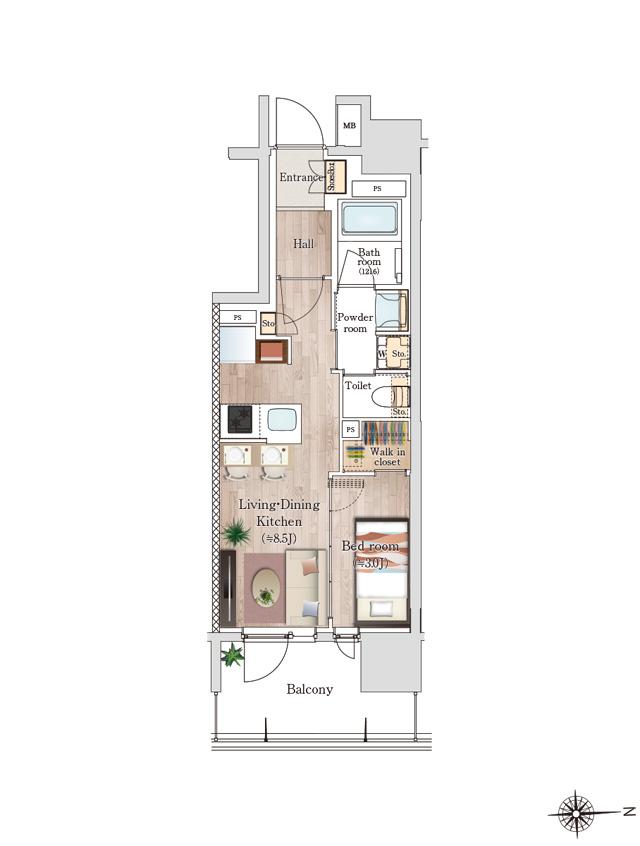 プレシス八王子横山町の間取り図　B'：1LDK+WIC