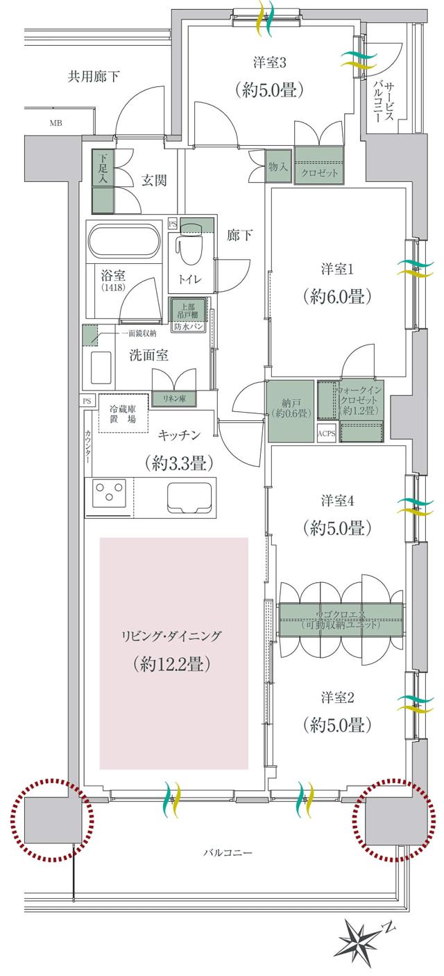 ルネ成田サングランデの間取り図　A：4LDK+UGOCLO+WIC+N