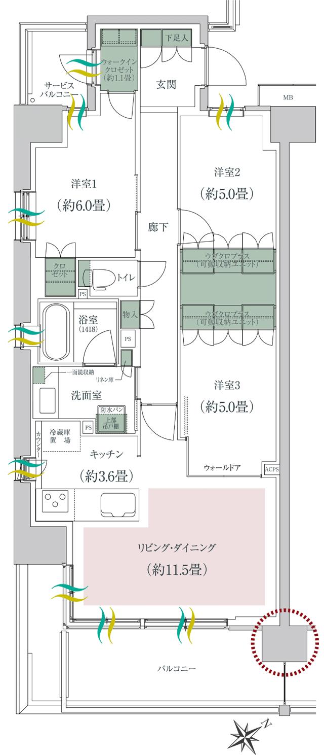 ルネ成田サングランデの間取り図　K：3LDK+UGOCLO+WIC